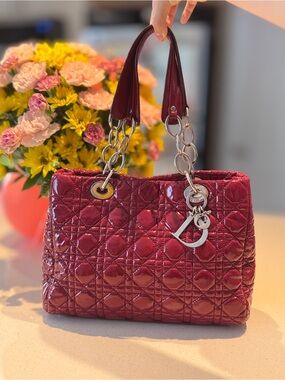 Christian Dior Lady Dior Tote Patent Leather Red Cannage Silver Hardware